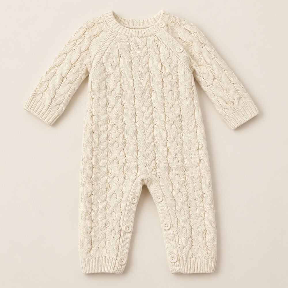 Hope & Henry Cream Cable Knit Baby Romper | Classic Heirloom Style | 0–3M
